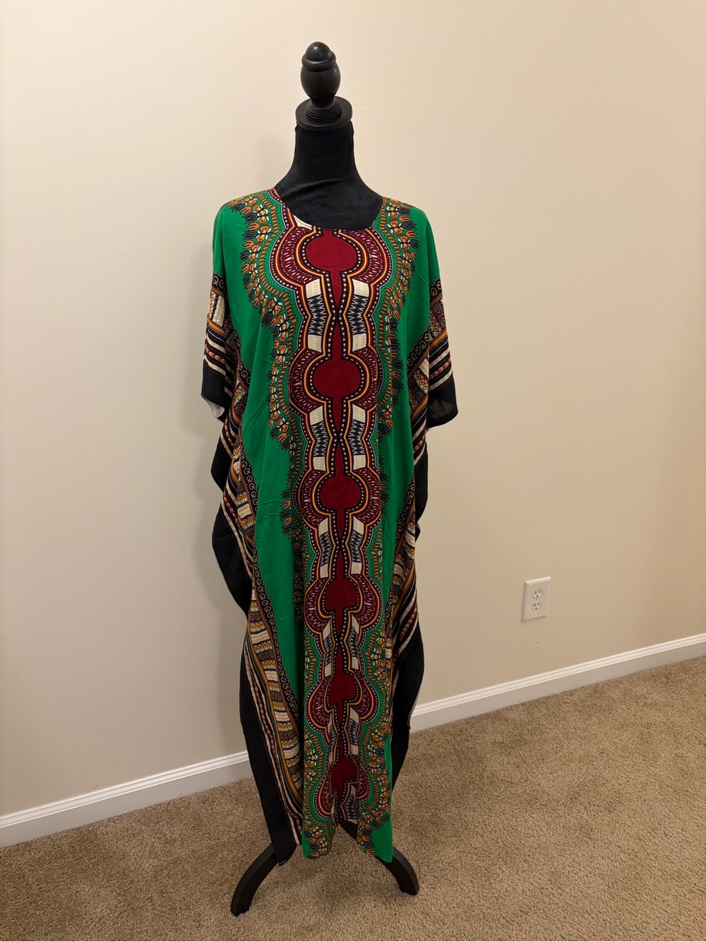 Green Maxi Dashiki Dress with Red Tribal Detail